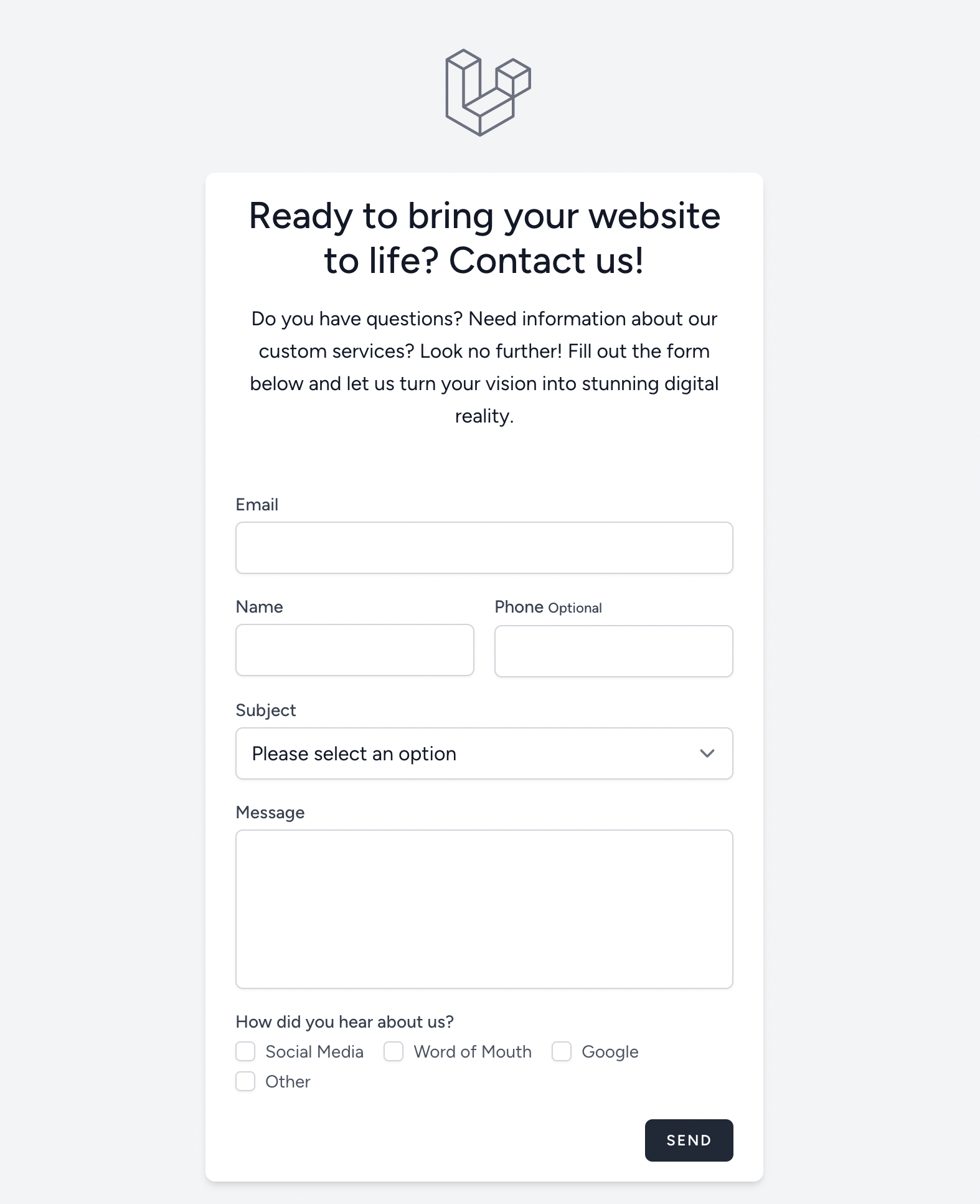 Illustration du formulaire de contact finalisé en Laravel Tailwind